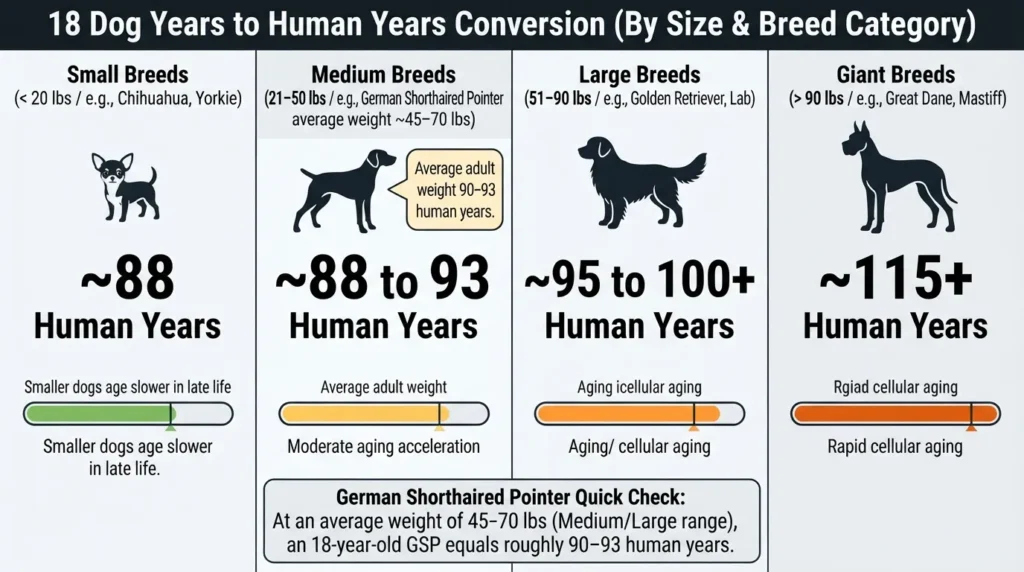 Comparison chart converting 18 dog years to human years for small, medium, large, and giant dog breeds, including the German Shorthaired Pointer.