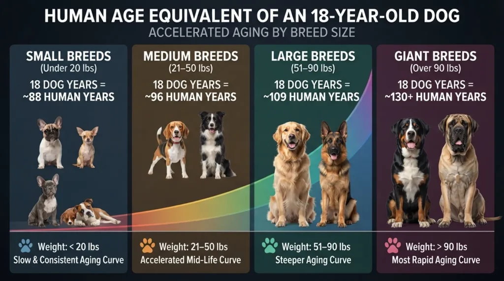 Comparative infographic chart showing how 18 dog years equates to human age across small, medium, large, and giant dog breeds.