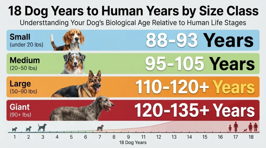 Chart comparing 18 dog years to human years across small, medium, large, and giant dog breeds.