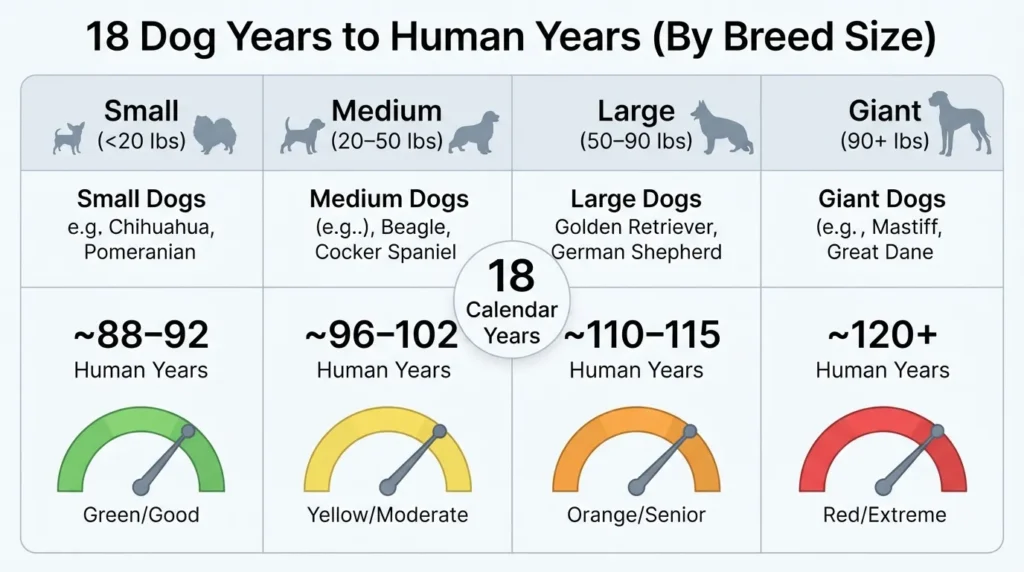 A comparative size breakdown showing how 18 dog years translates to human years for small, medium, large, and giant dog breeds.