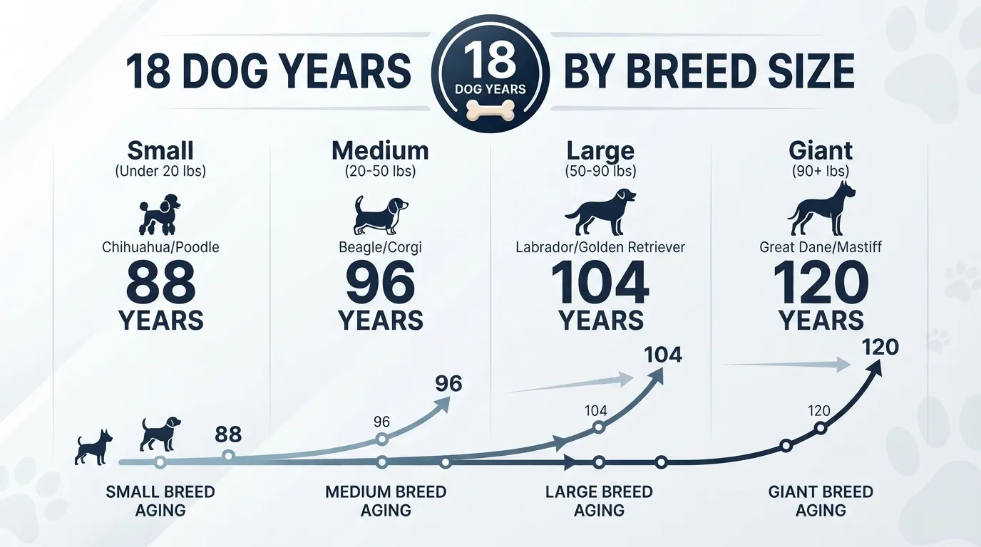 A dog age conversion chart comparing an 18-year-old dog to human years across small, medium, large, and giant breeds.