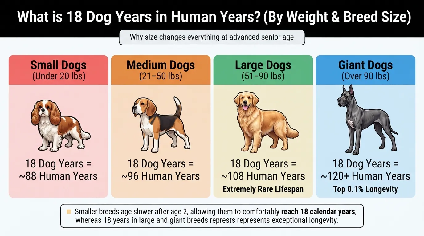 Comparative visual chart showing how 18 dog years equals 88 human years for small dogs, 96 human years for medium dogs, and over 100 human years for large and giant breeds.
