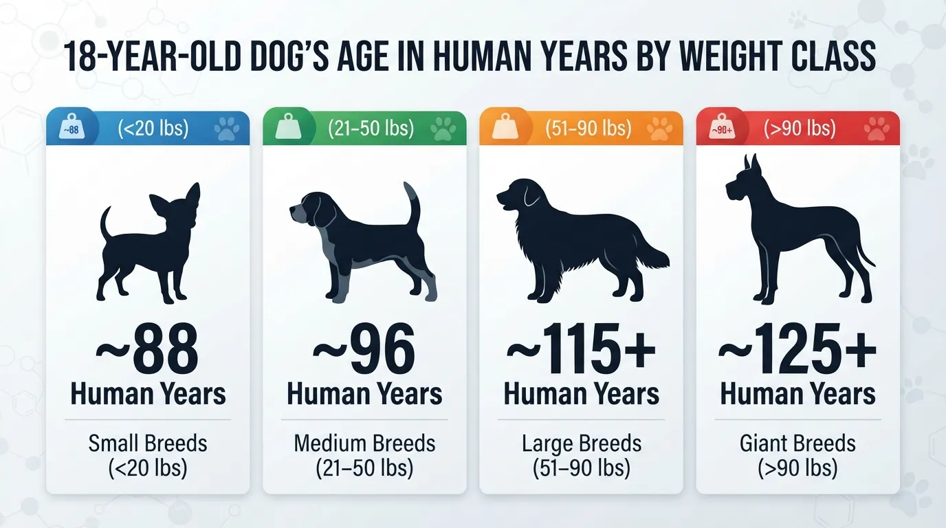Comparison chart showing how an 18-year-old dog translates to human age for small, medium, large, and giant breeds.