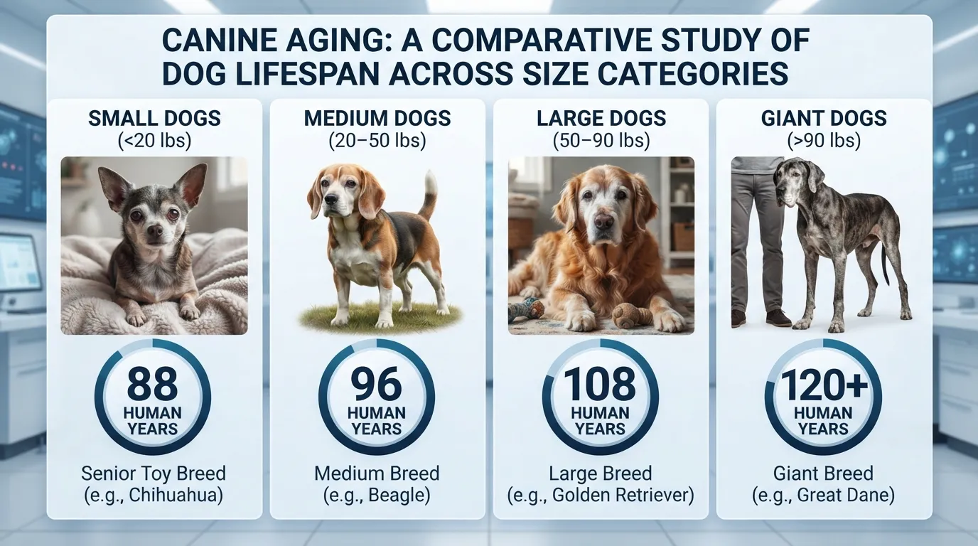 Infographic chart comparing 18 dog years to human years across small, medium, large, and giant dog breeds.