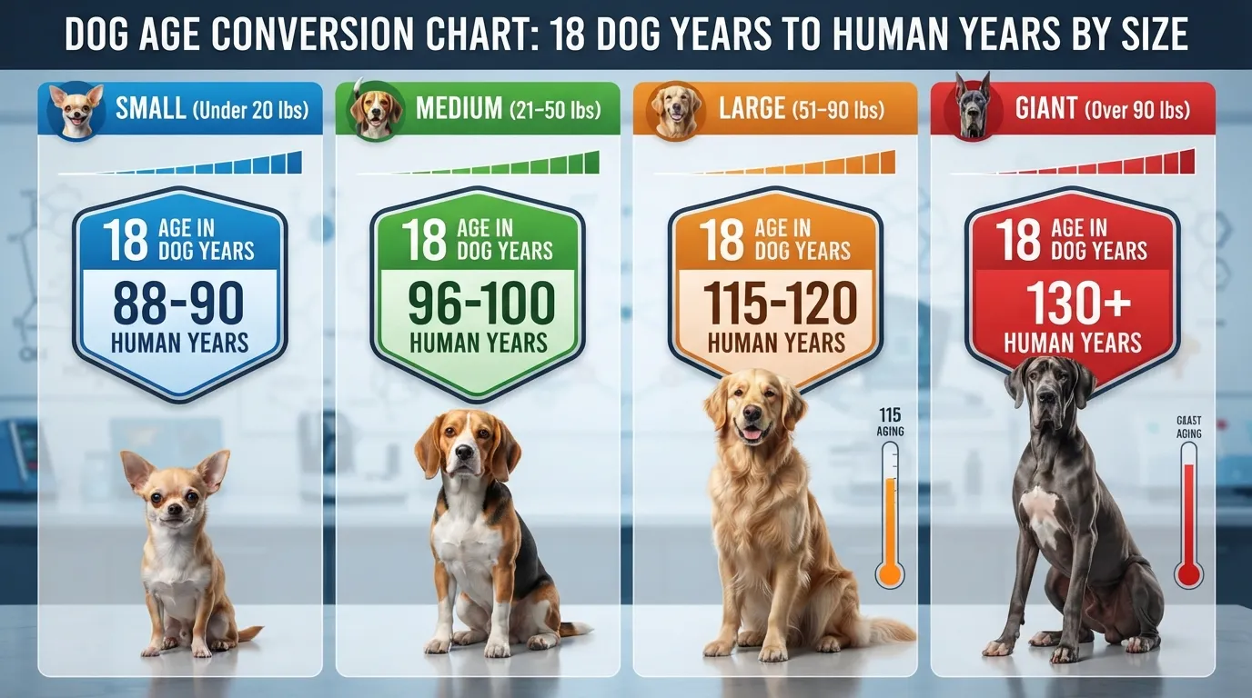 Dog age conversion chart comparing an 18 year old small, medium, large, and giant breed dog in human years.