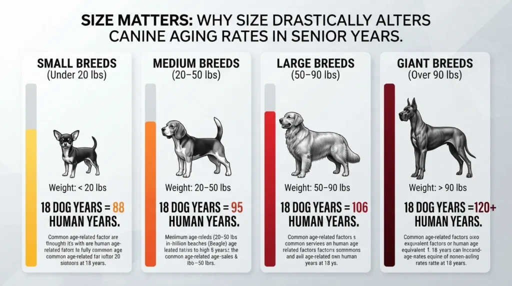 Comparison chart showing how 18 dog years equals human age across small, medium, large, and giant breed sizes.