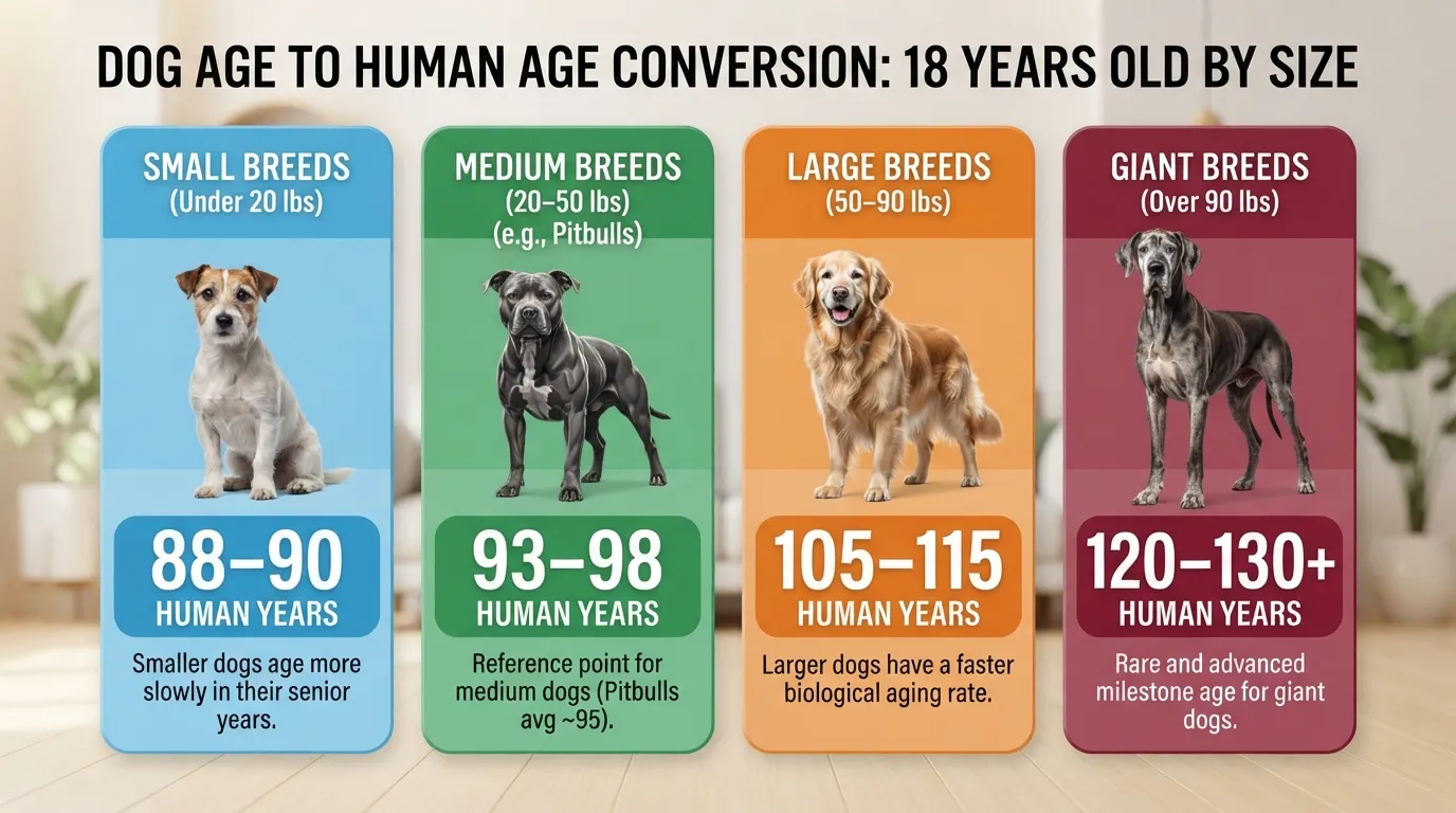 Comparison chart showing 18 dog years converted to human years across small, medium, large, and giant dog breeds, including Pitbulls.