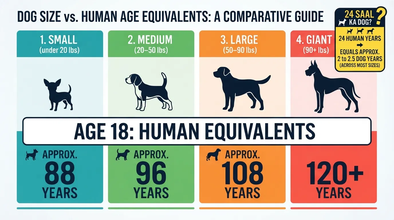 Comprehensive conversion chart showing how 18 dog years equals 88 human years for small dogs, 96 for medium dogs, and over 100 for large and giant breeds.