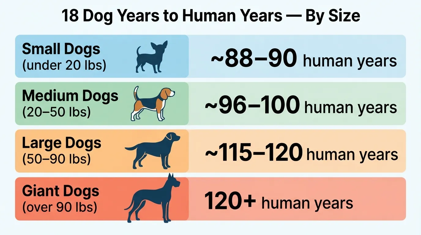 Comparison chart showing how 18 dog years convert to human years based on small, medium, large, and giant dog sizes.