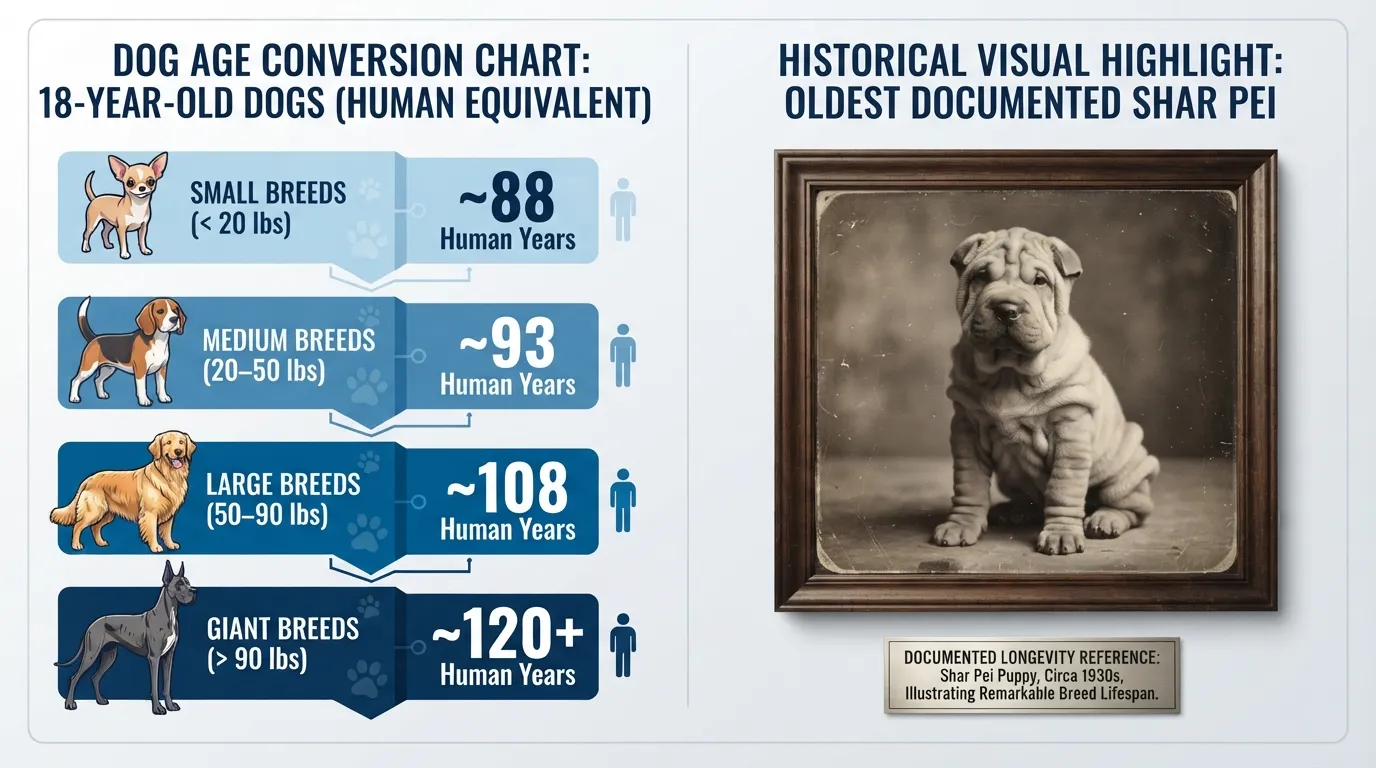 Infographic chart converting 18 dog years to human years across small, medium, large, and giant dog breeds, with an vintage photo insert of a historic Shar Pei puppy.