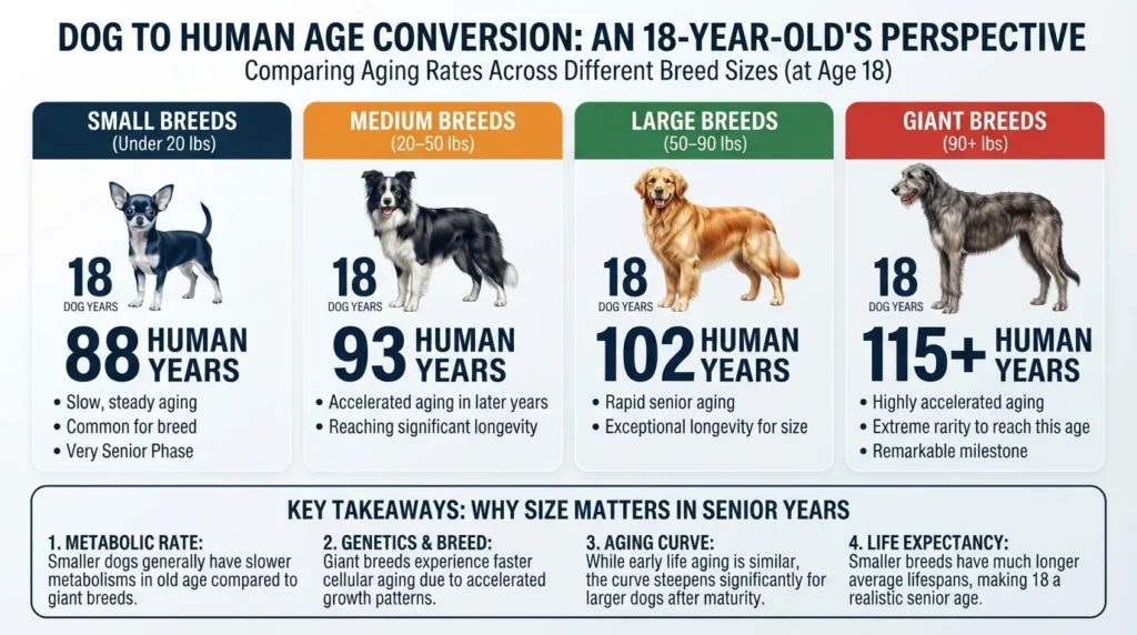 Comparison chart showing how 18 dog years translates to human years across small, medium, large, and giant dog breeds.