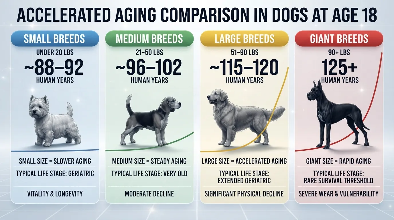 Chart comparing an 18-year-old dog in human years across small, medium, large, and giant breeds.