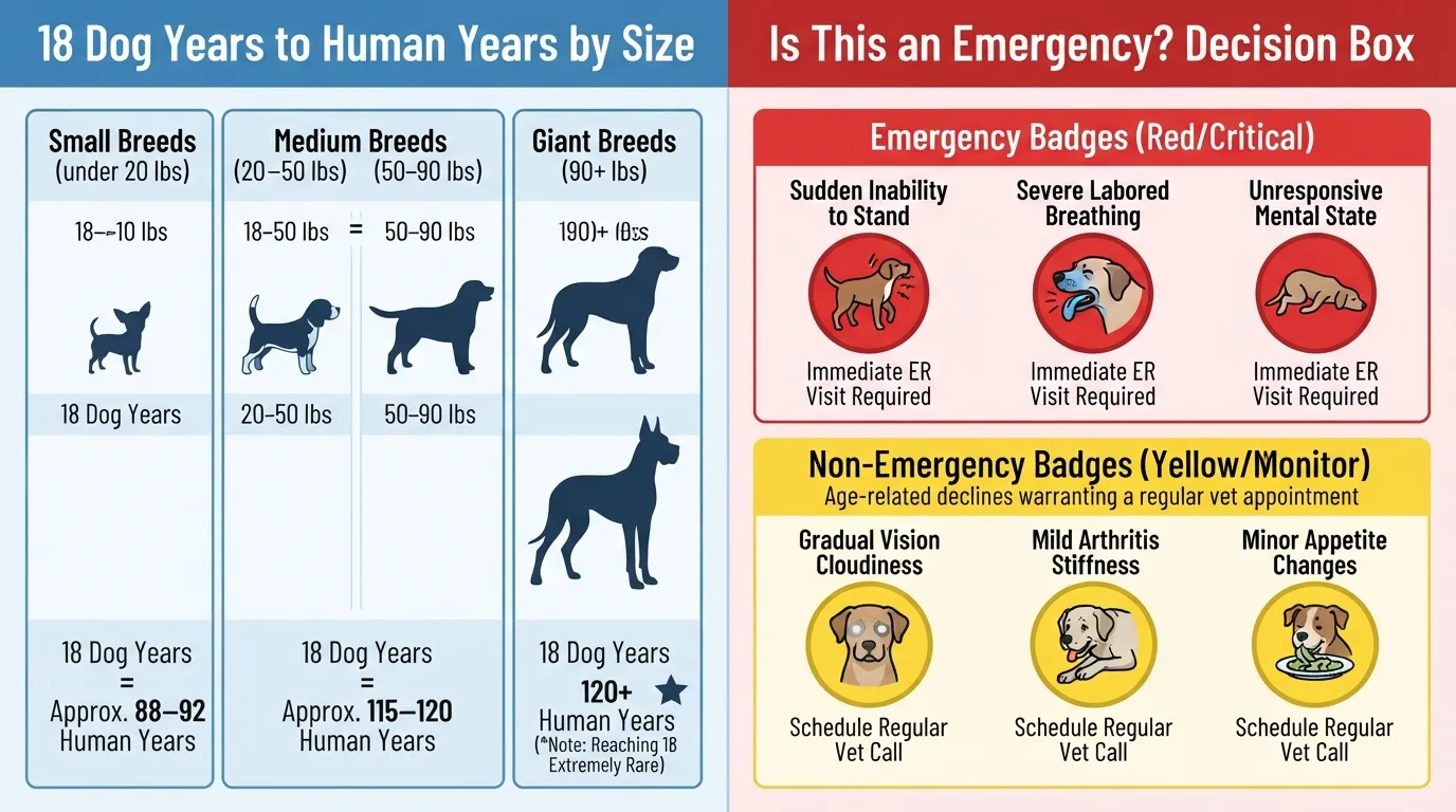 Comparison chart showing 18 dog years in human years for small, medium, large, and giant breeds, alongside an emergency indicator box.