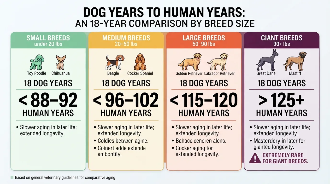 Comparison chart converting 18 dog years to equivalent human years across small, medium, large, and giant dog breeds.