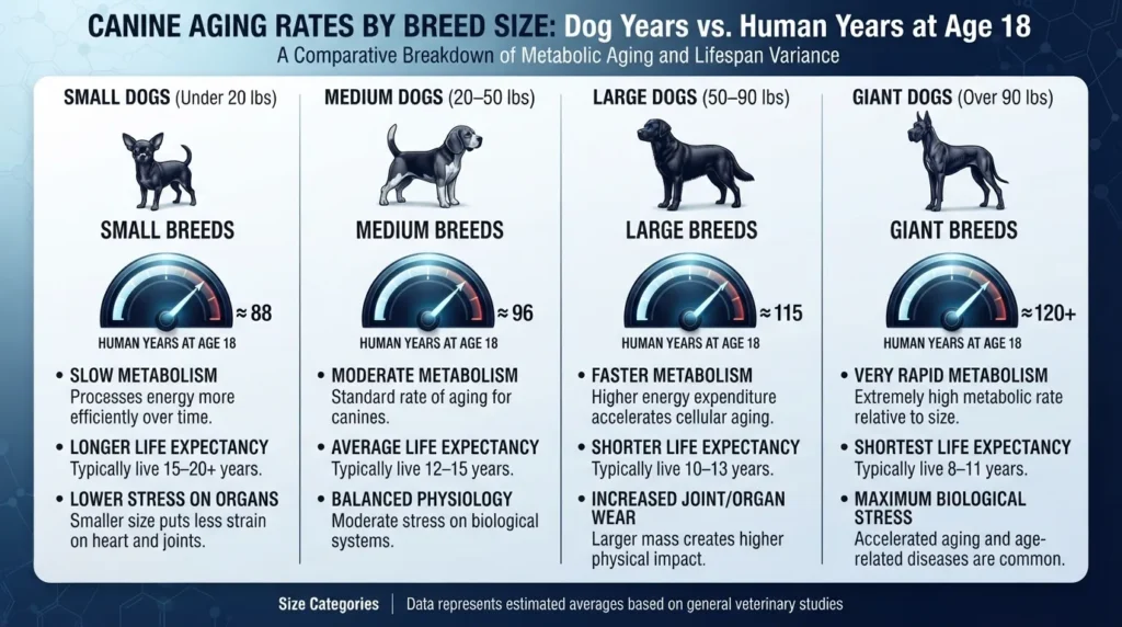 Comparison chart showing how 18 dog years converts to human age equivalent across small, medium, large, and giant dog breeds.