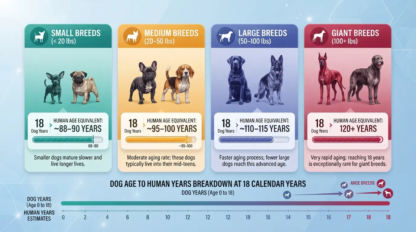 Infographic chart comparing 18 dog years to equivalent human years across small, medium, large, and giant breed sizes.
