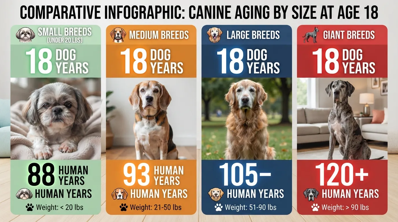 Comparison chart showing how 18 dog years convert to human years for small, medium, large, and giant dog breeds, including the Shih Tzu age range.