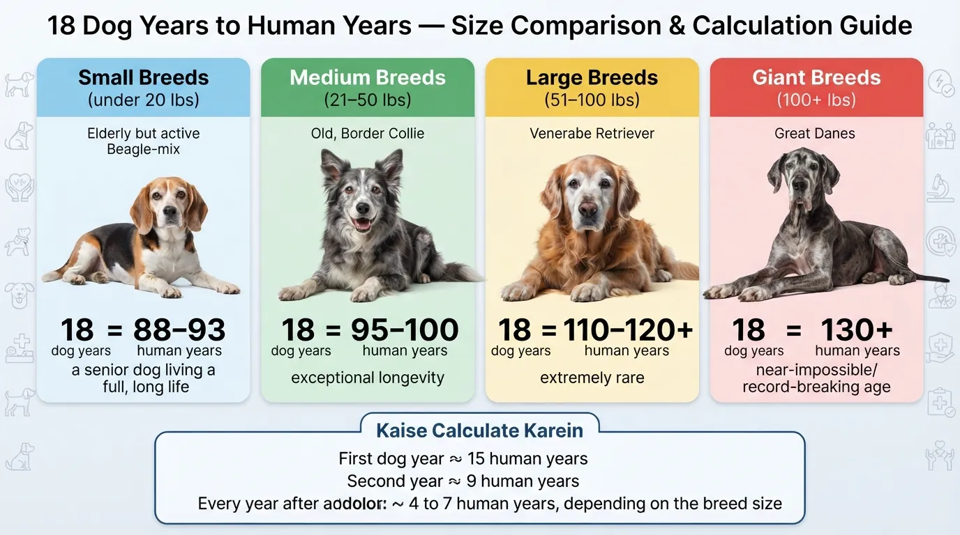 Comparison chart showing how 18 dog years translates to human years across small, medium, large, and giant dog breeds.