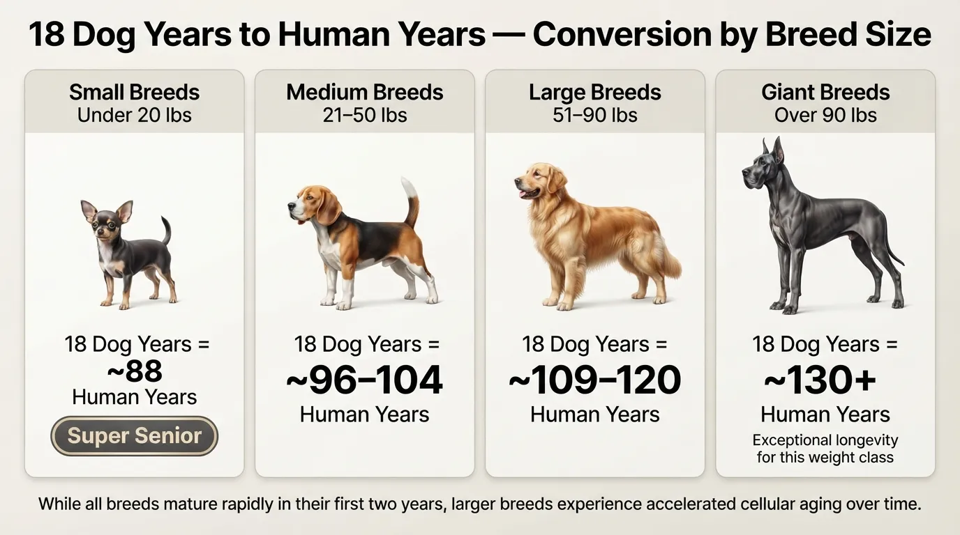 An informative infographics chart comparing 18 dog years to human years across four weight categories: Small, Medium, Large, and Giant breeds.