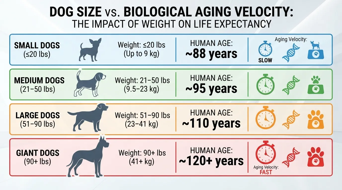 Infographic chart comparing an 18-year-old dog's equivalent human age across small, medium, large, and giant dog weight classes.