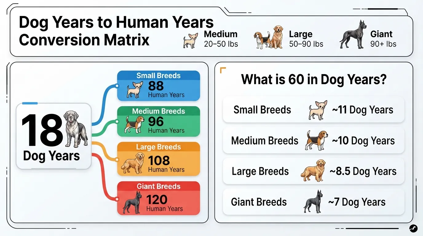 Comparison chart showing how 18 dog years equals 88 human years for small dogs, 96 for medium dogs, 108 for large dogs, and 120 for giant breeds, alongside a 60 dog years conversion breakdown.