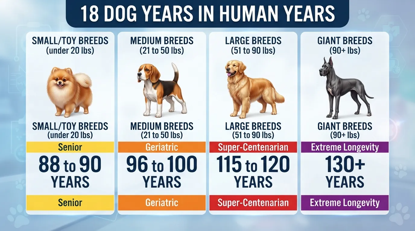 Comparison infographic chart showing how 18 dog years convert to human years for small, medium, large, and giant breed dogs.