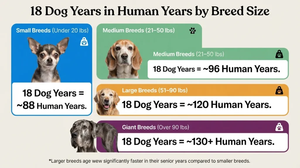 Comparative chart showing 18 dog years in human years categorized by small, medium, large, and giant dog breed sizes.