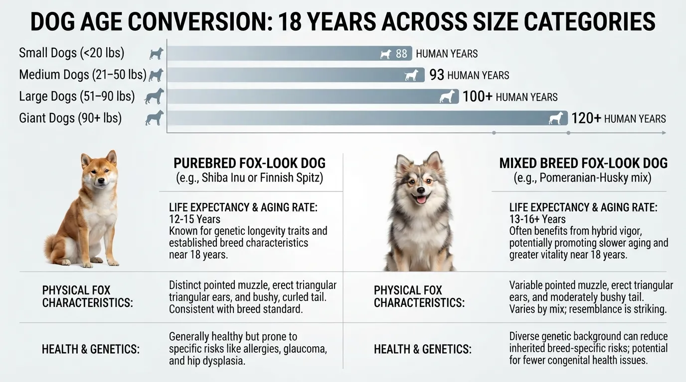 Infographic chart comparing 18 dog years to human years across small, medium, large, and giant dog sizes, along with a comparison table of mixed breed versus purebred fox-look dogs.