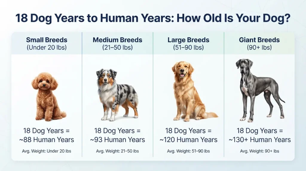 Infographic chart converting 18 dog years to human years for small, medium, large, and giant dog breeds, with an example of a Mini Australian Shepherd.