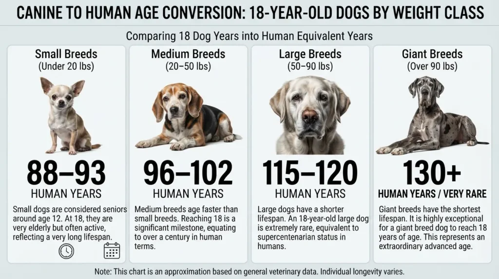 Comparison chart showing how 18 dog years translates to human years across small, medium, large, and giant dog breeds.