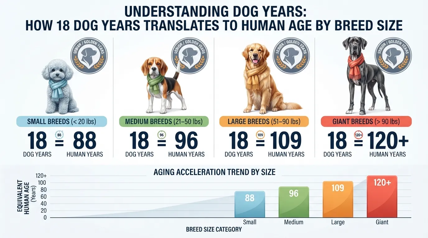 Dog age conversion chart comparing an 18-year-old dog's age in human years across small, medium, large, and giant breed weight classes.