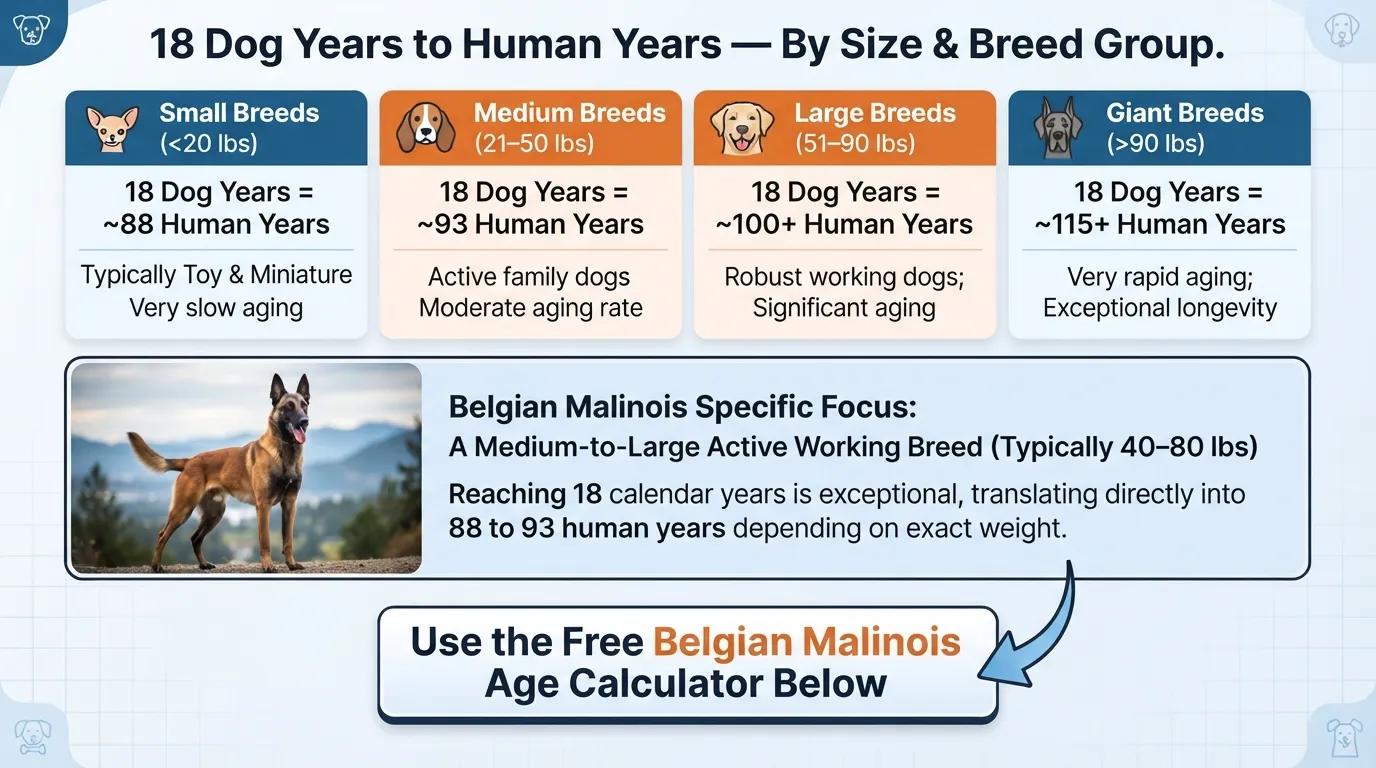 Comparative infographic chart showing how 18 dog years convert to human years across small, medium, large, and giant breeds, featuring a specific aging highlighted section for the Belgian Malinois.