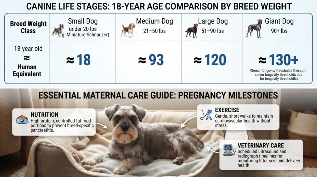 Infographic chart comparing 18 dog years to human years across small, medium, large, and giant breeds, alongside canine pregnancy care stages for a Miniature Schnauzer.