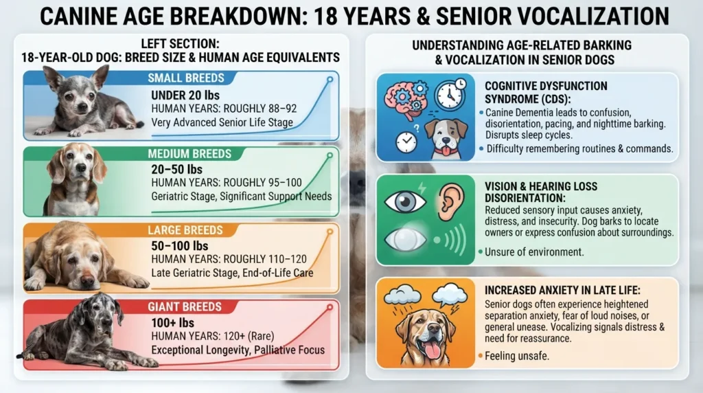 Comparison chart showing how an 18-year-old dog converts to human years across small, medium, large, and giant breeds, alongside vocalization patterns.