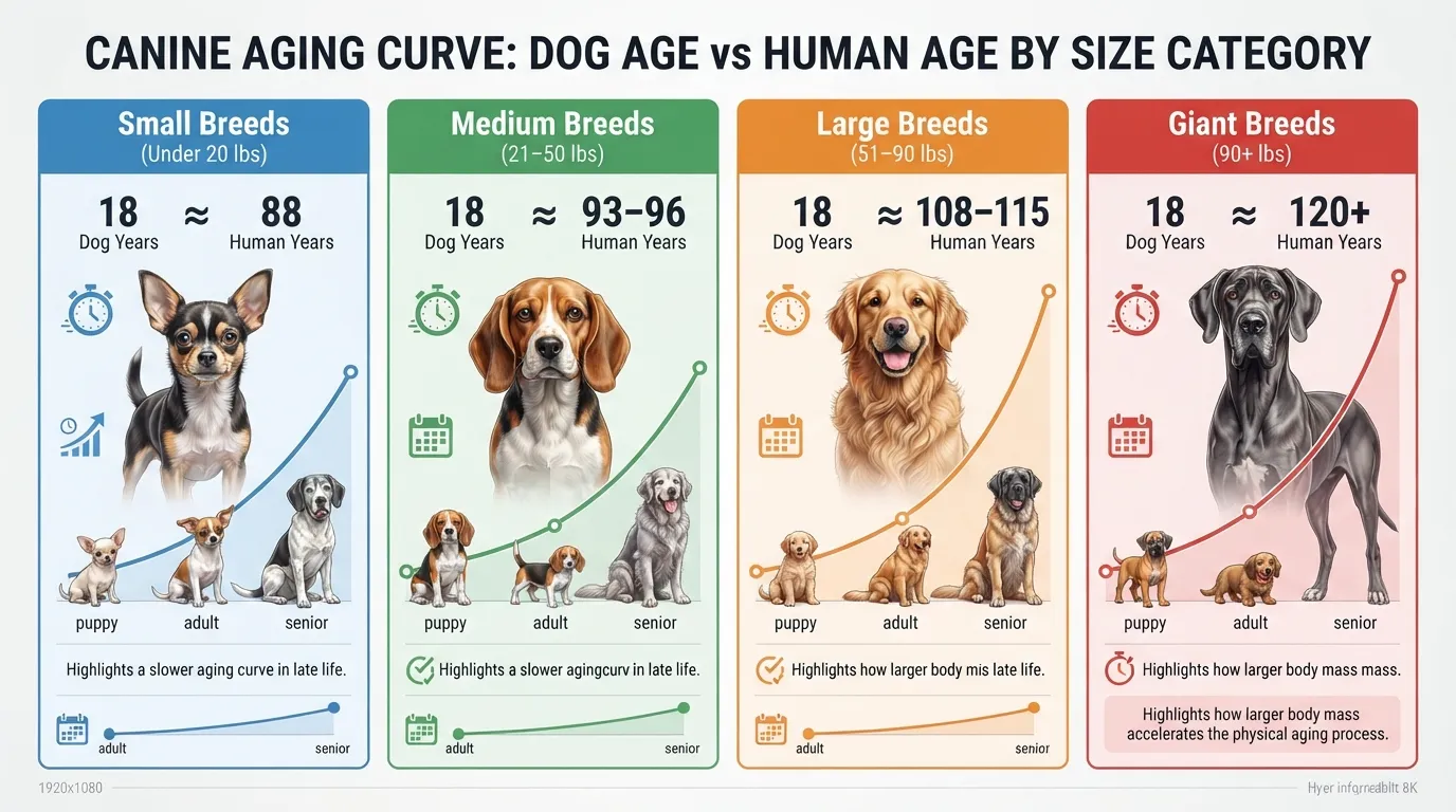 Comparison chart showing how 18 dog years convert to human years across small, medium, large, and giant dog breeds.