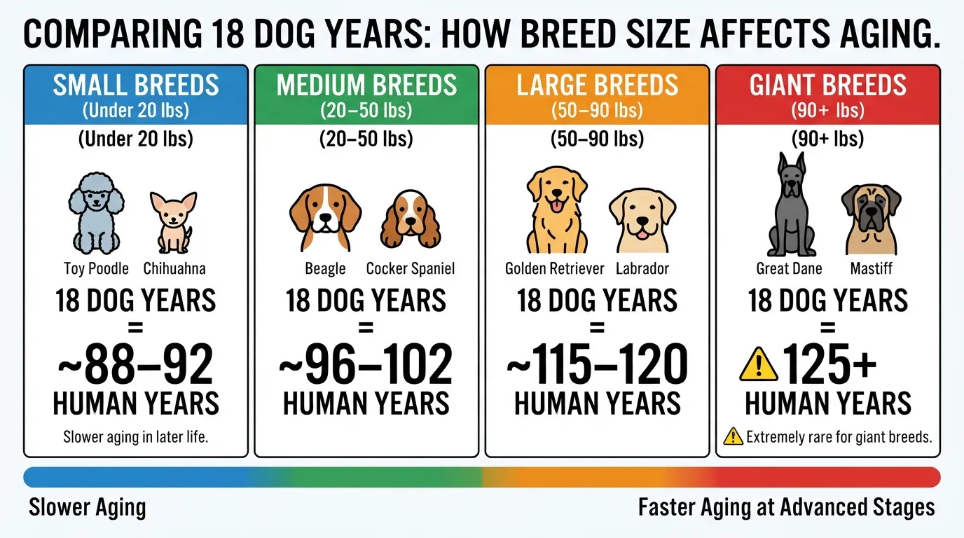 Comparison chart showing how 18 dog years translates to human years across small, medium, large, and giant dog breeds.