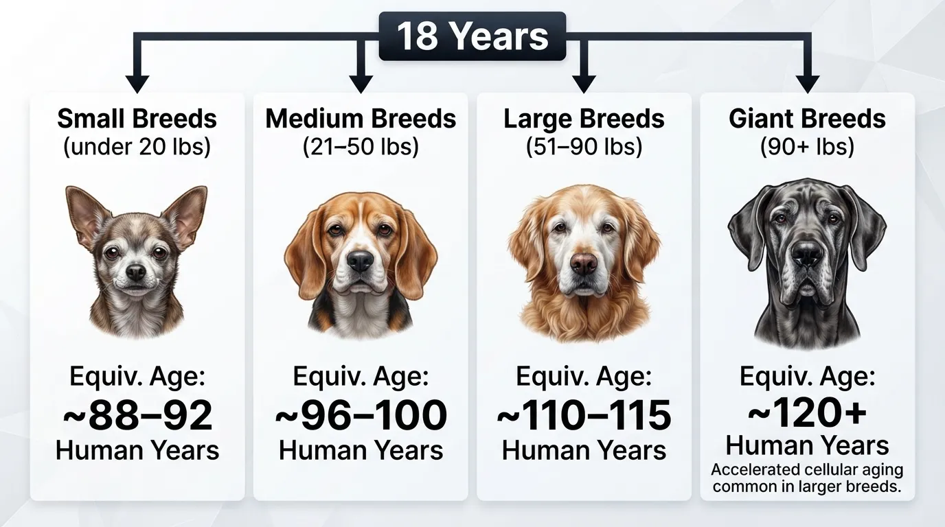 A detailed comparative chart displaying how 18 dog years convert into human years across small, medium, large, and giant dog breeds.