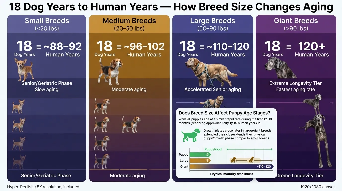 Comparison chart showing 18 dog years converted to human years for small, medium, large, and giant breeds, highlighting how breed size affects aging.