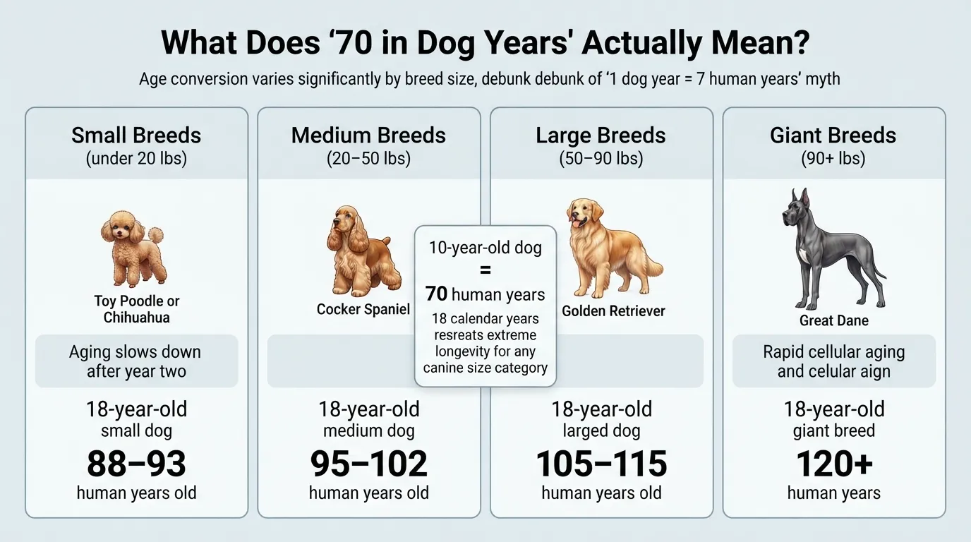 Infographic chart comparing 18 dog years in human years for small, medium, large, and giant dog breeds.