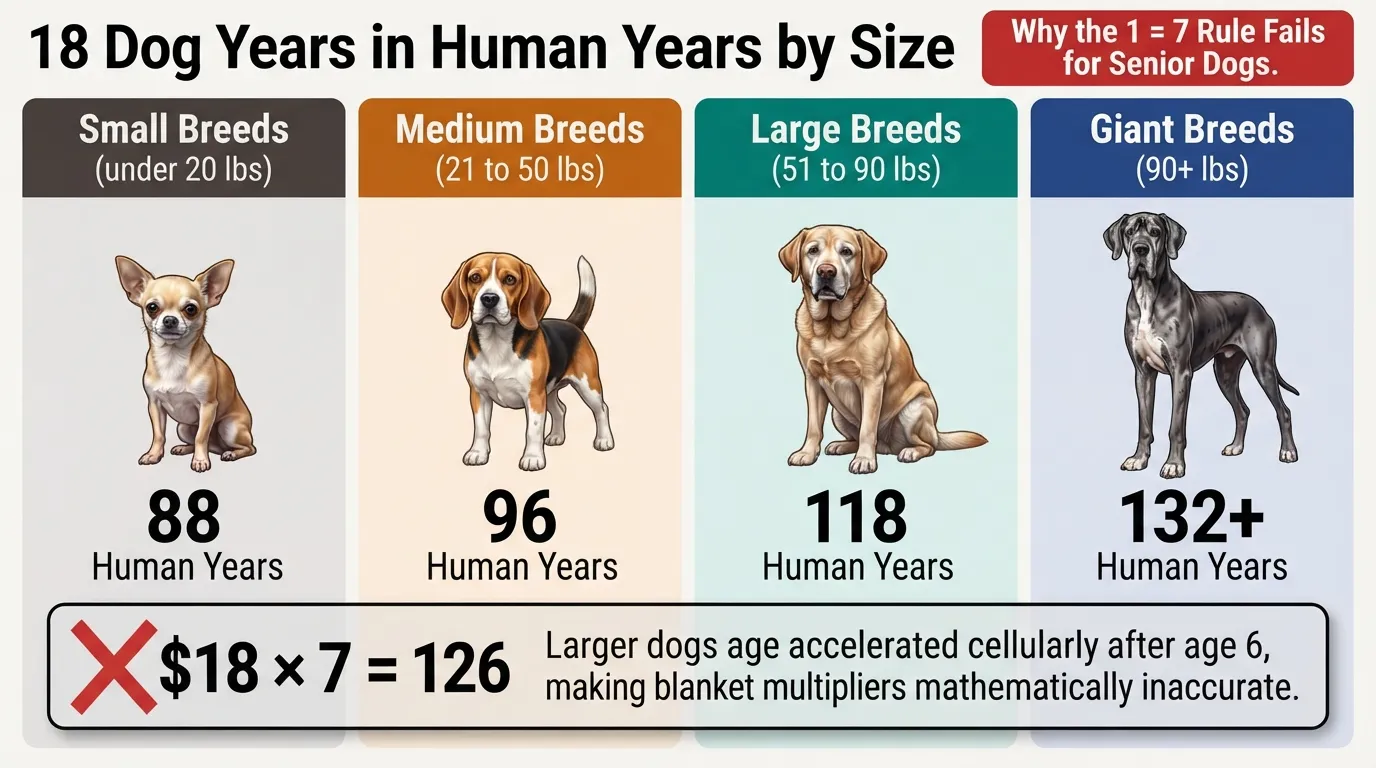 Comparison chart showing how an 18-year-old dog translates to human years across small, medium, large, and giant breeds, demonstrating why the standard 1:7 ratio fails.