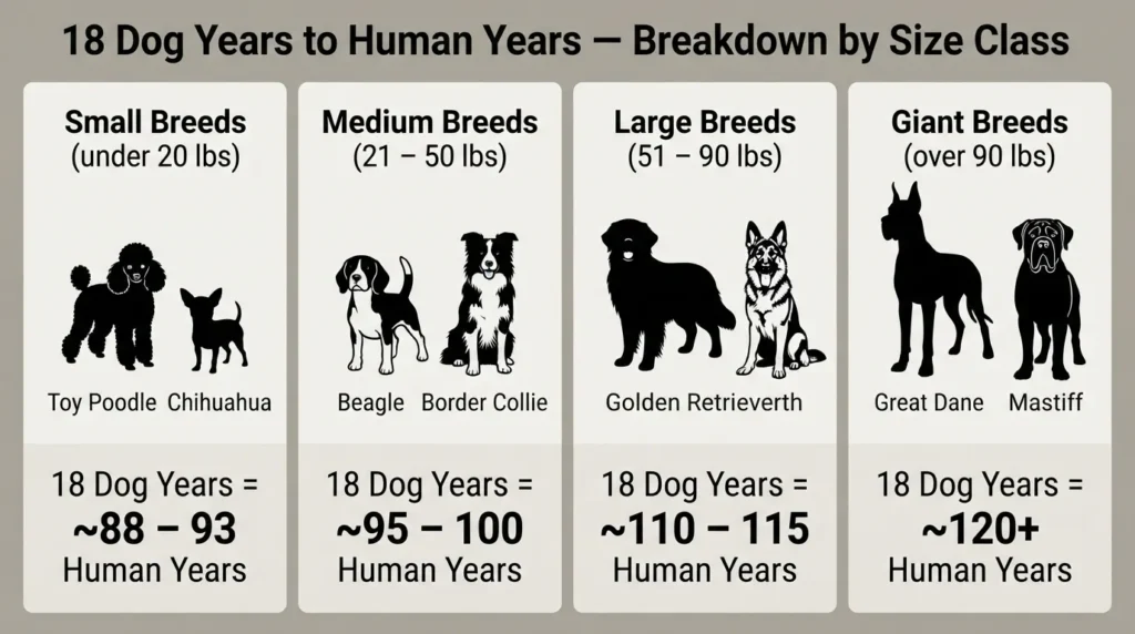 Comparison chart showing how 18 dog years translate to human years across small, medium, large, and giant dog breeds.