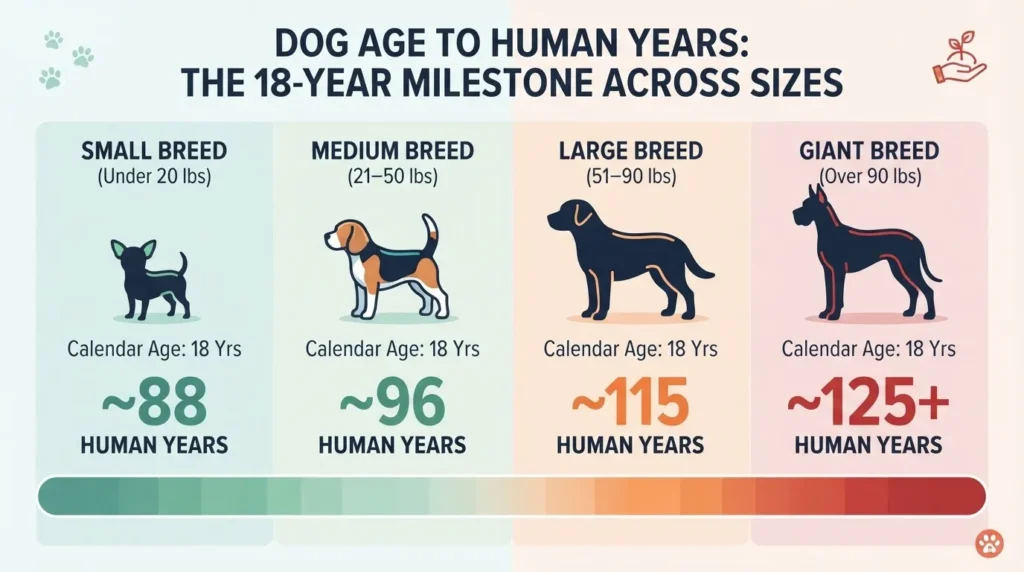 Comparison chart showing how 18 dog years convert to human years across small, medium, large, and giant dog breeds.