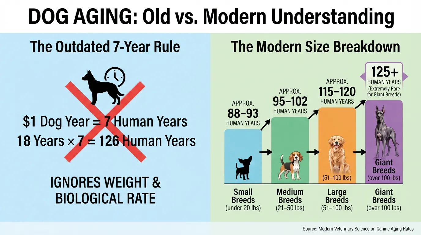 Comparison chart showing how 18 dog years convert to human years across small, medium, large, and giant dog breeds alongside the outdated 1-to-7 rule.