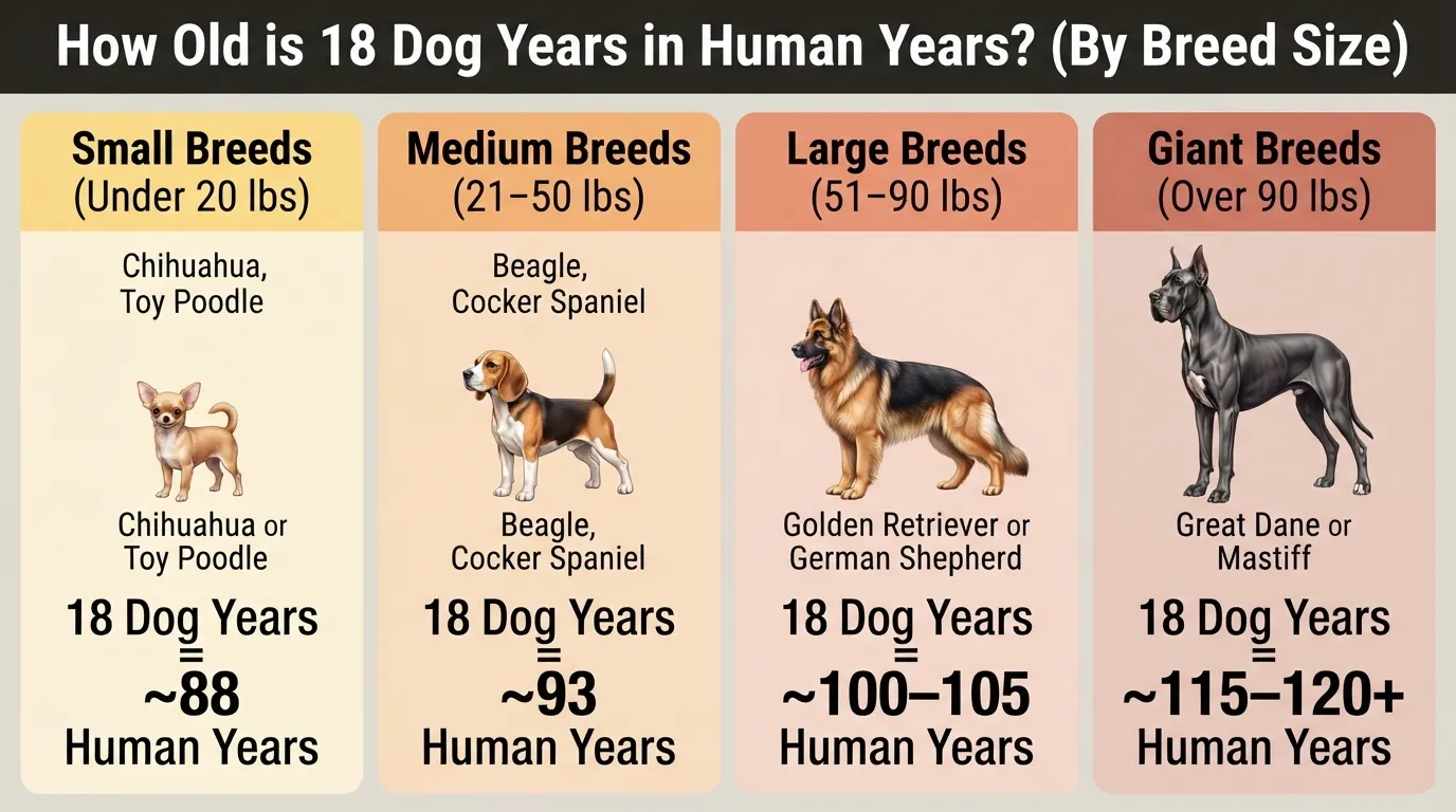 A comparative infographic chart showing how 18 dog years convert to human years across small, medium, large, and giant breed sizes.