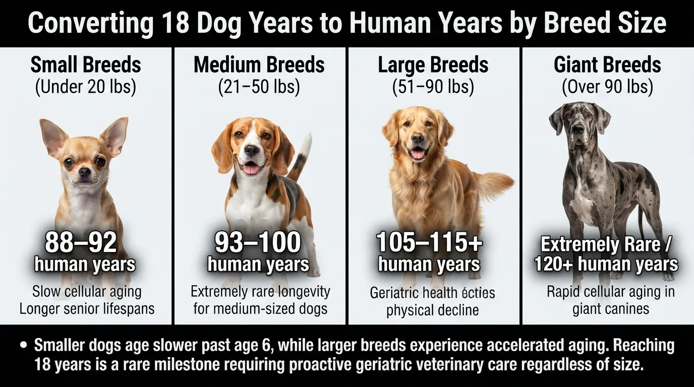 A comparison chart showing how 18 dog years convert to human years based on dog size categories: small, medium, large, and giant breeds.