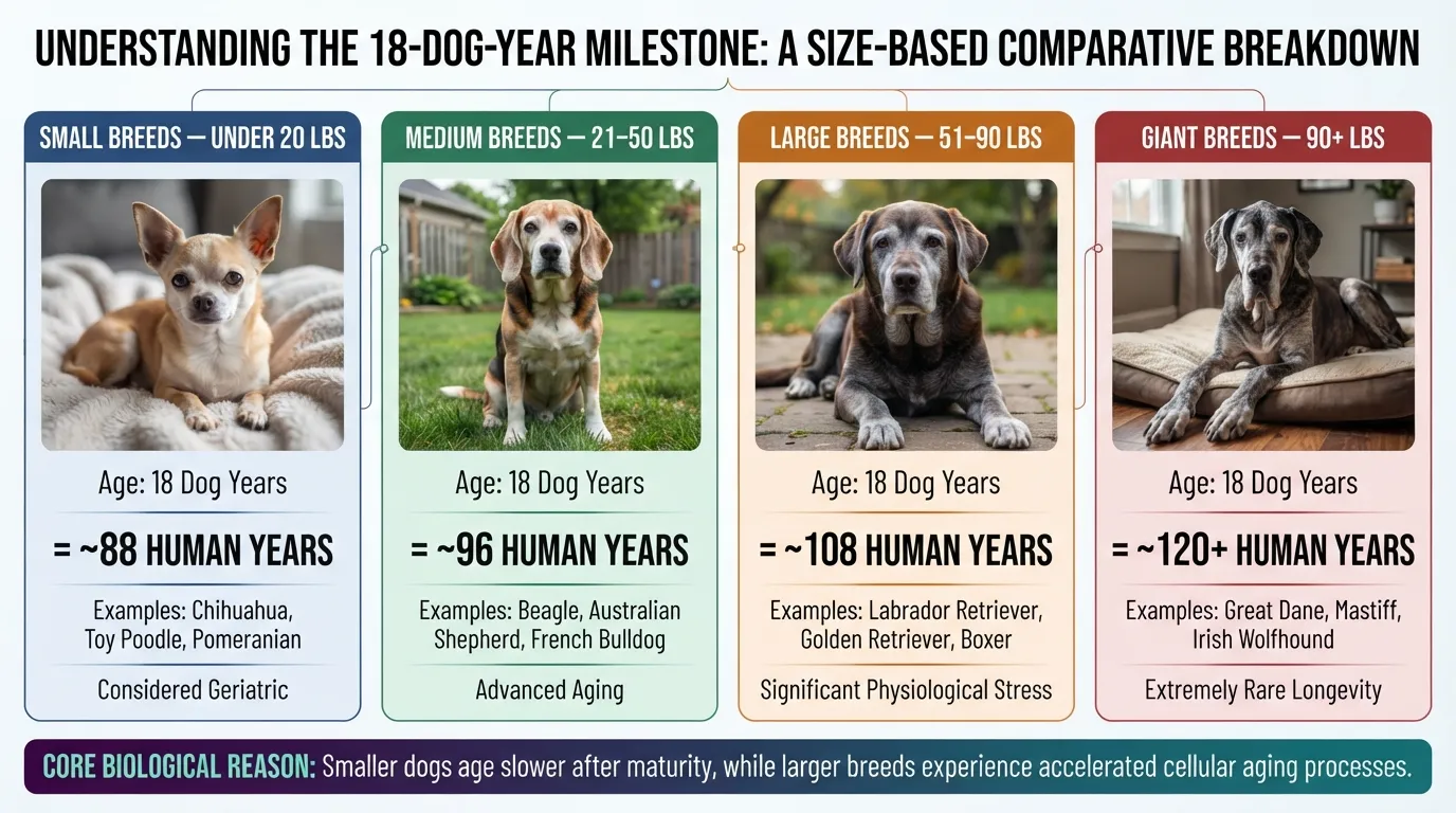 "A clear comparison chart showing how 18 dog years convert to human years based on small, medium, large, and giant dog breed sizes."