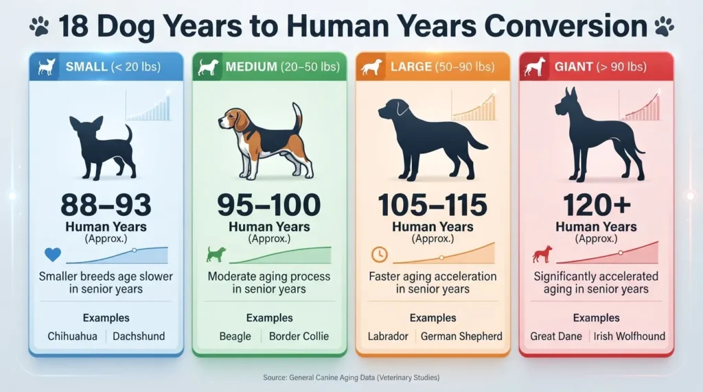 Comparison chart converting 18 dog years to human years across small, medium, large, and giant dog breeds.