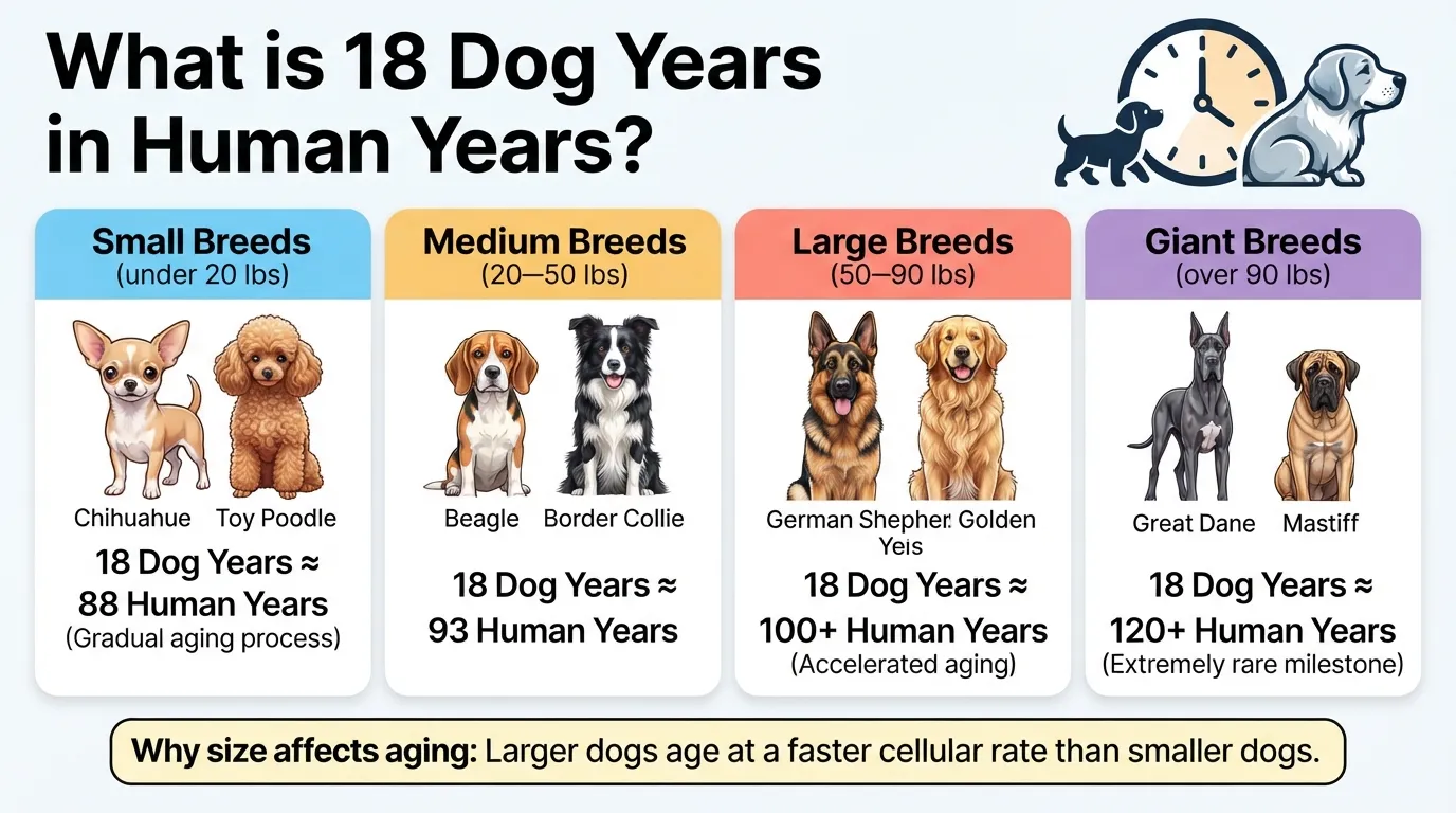 A breakdown chart showing how 18 dog years translate into human years across small, medium, large, and giant dog breeds.