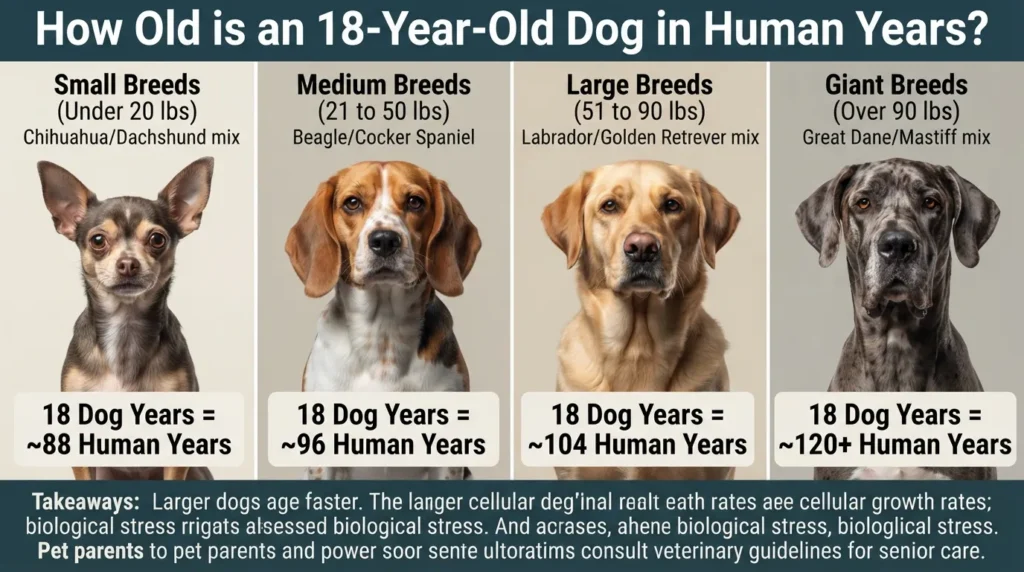 Comparison chart showing how an 18-year-old dog converts to human age across small, medium, large, and giant dog breeds.