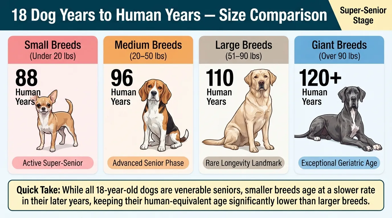 Infographic chart comparing an 18-year-old dog's age in human years across small, medium, large, and giant breed sizes.